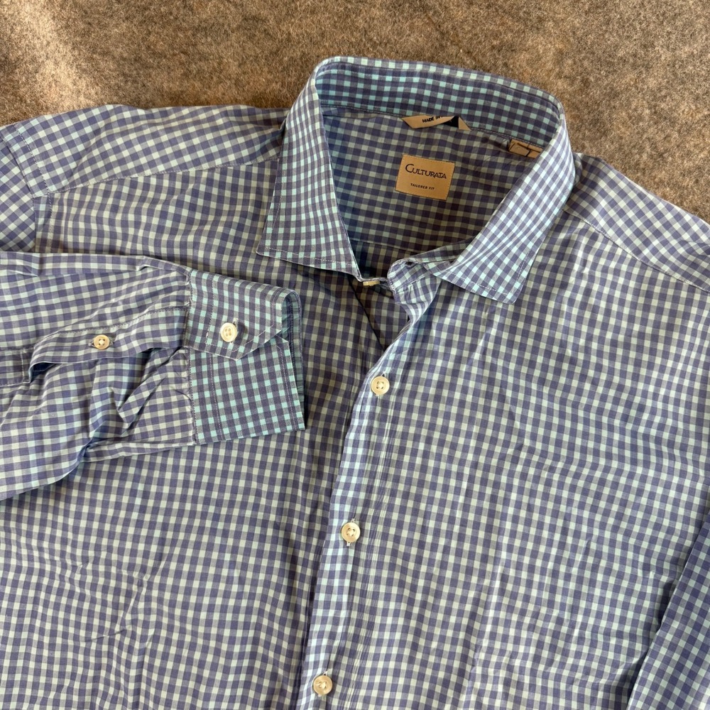 Culturata Button Down Men 17.5/44 XL Blue Gingham Tailored Fit Made Italy Shirt